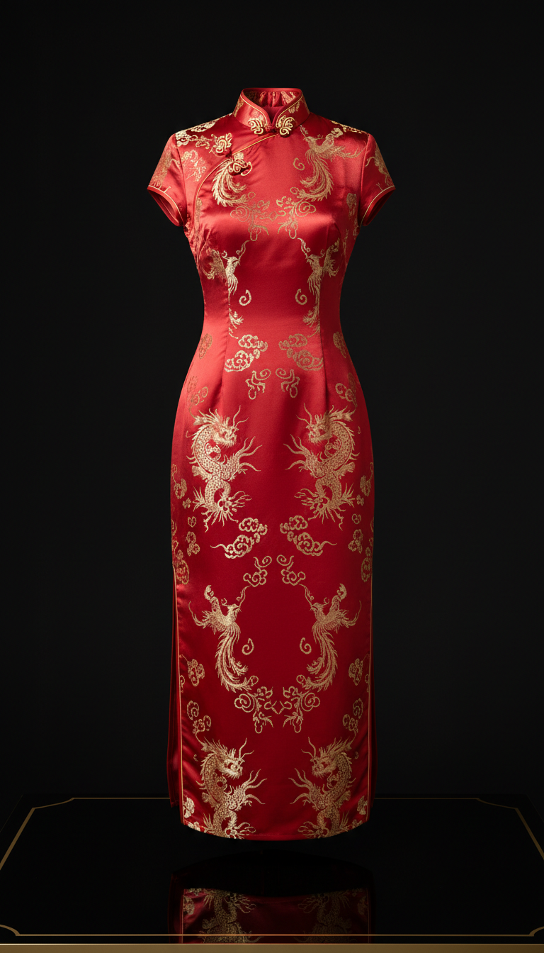 Crimson Silk Cheongsam with Gold Embroidery