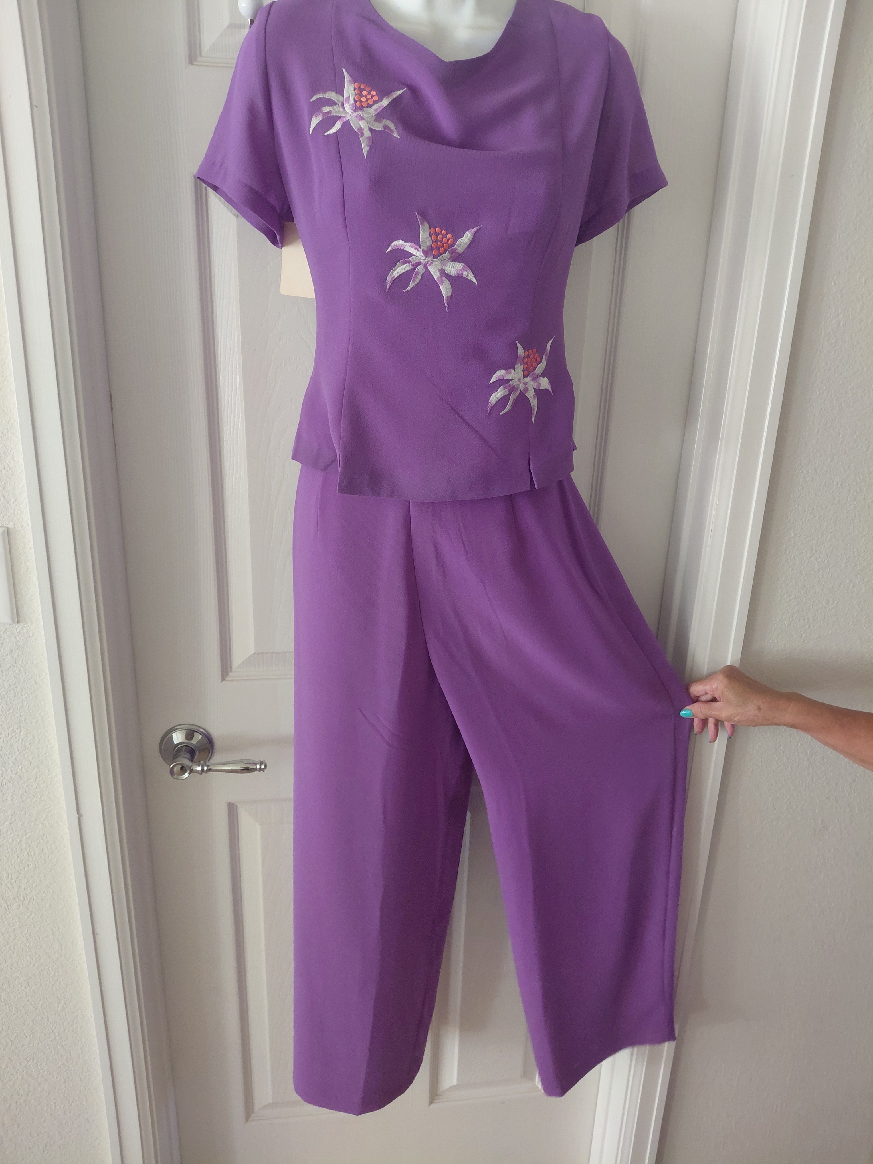 Team Wear Ladies Violet 2-Piece Set - Short Sleeve Top & Long Flowing Pants with Floral Embroidery