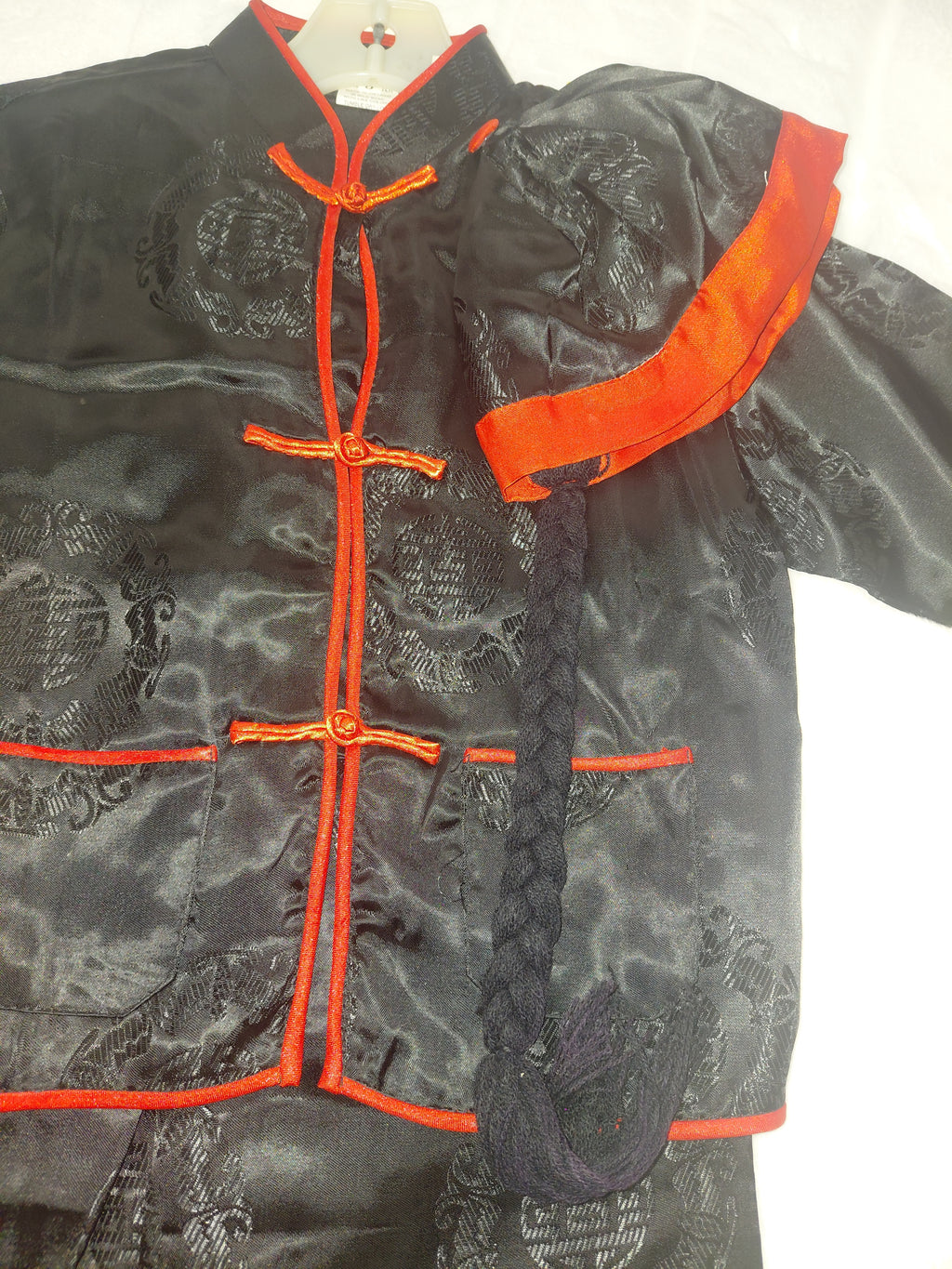 Boys Chinese Style 3-Piece Outfit - Red Trim & Gold Medallion with Braided Ponytail Hat