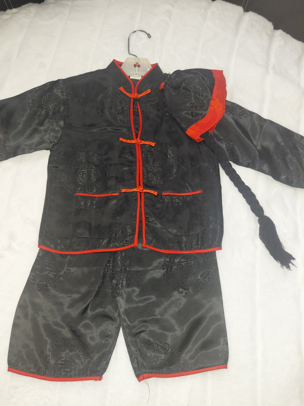 Boys Chinese Style 3-Piece Outfit - Red Trim & Gold Medallion with Braided Ponytail Hat