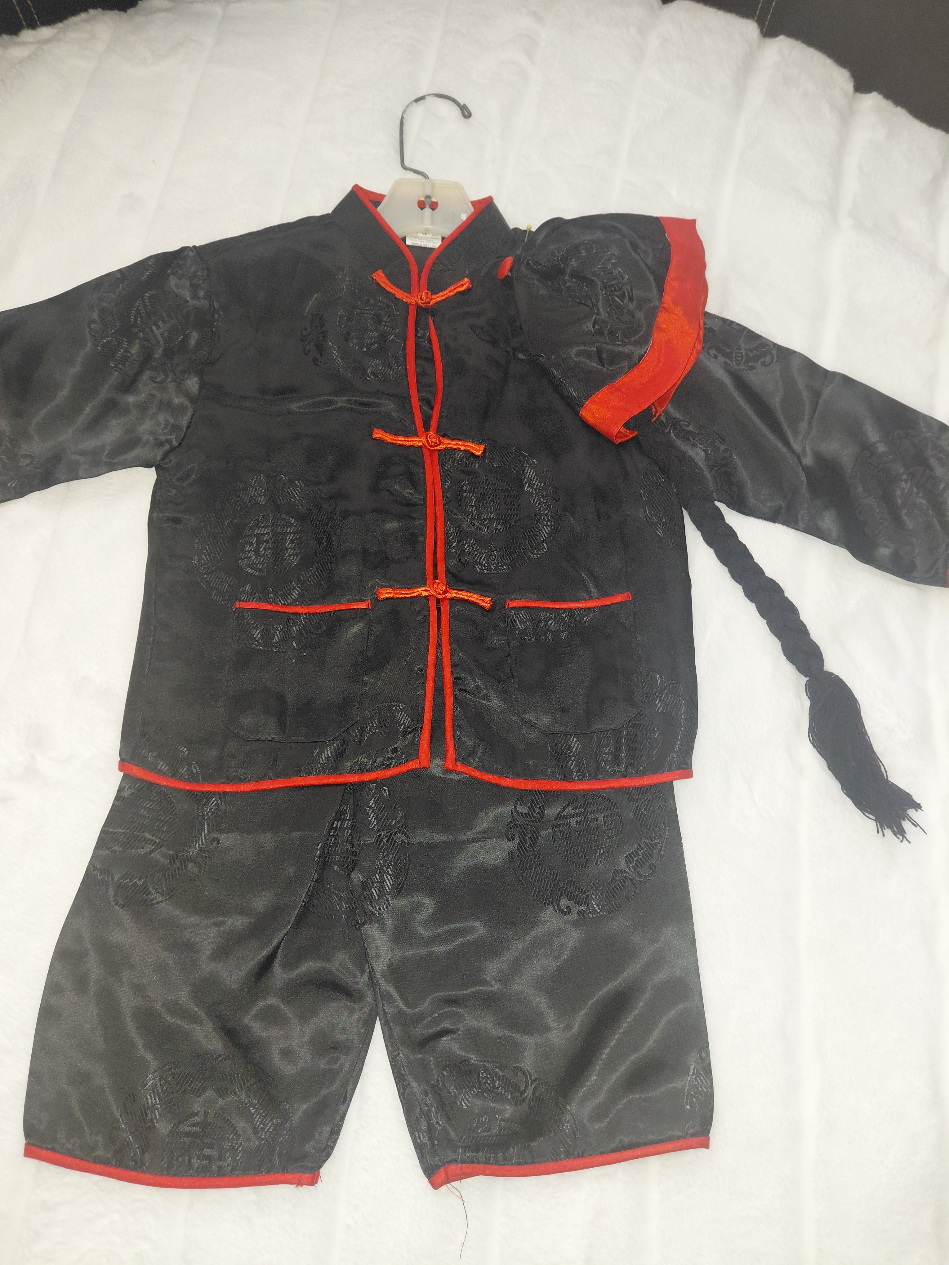 Boys Chinese Style 3-Piece Outfit - Red Trim & Gold Medallion with Braided Ponytail Hat
