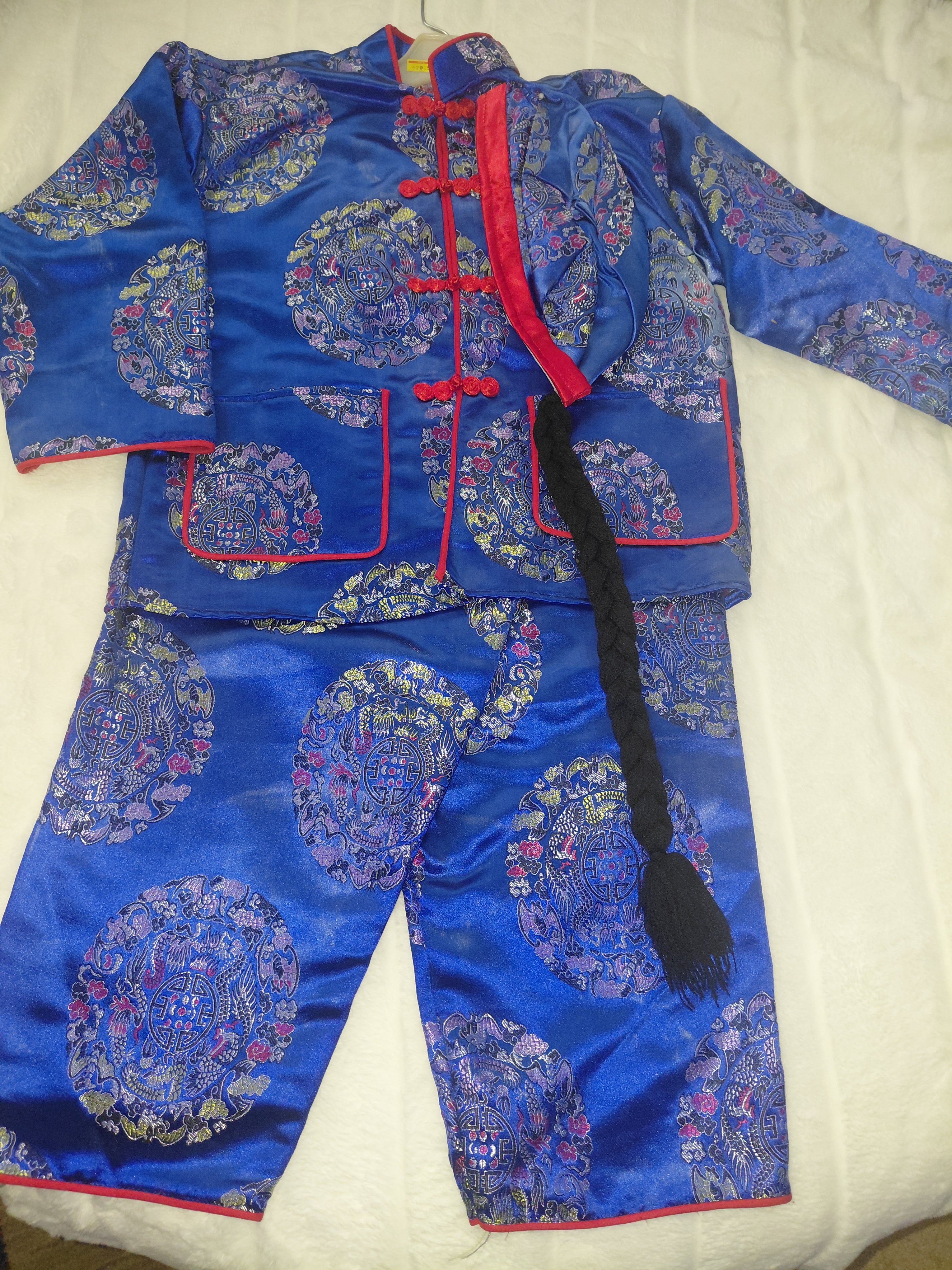 Boys Chinese Style 3-Piece Outfit with Braided Ponytail Hat