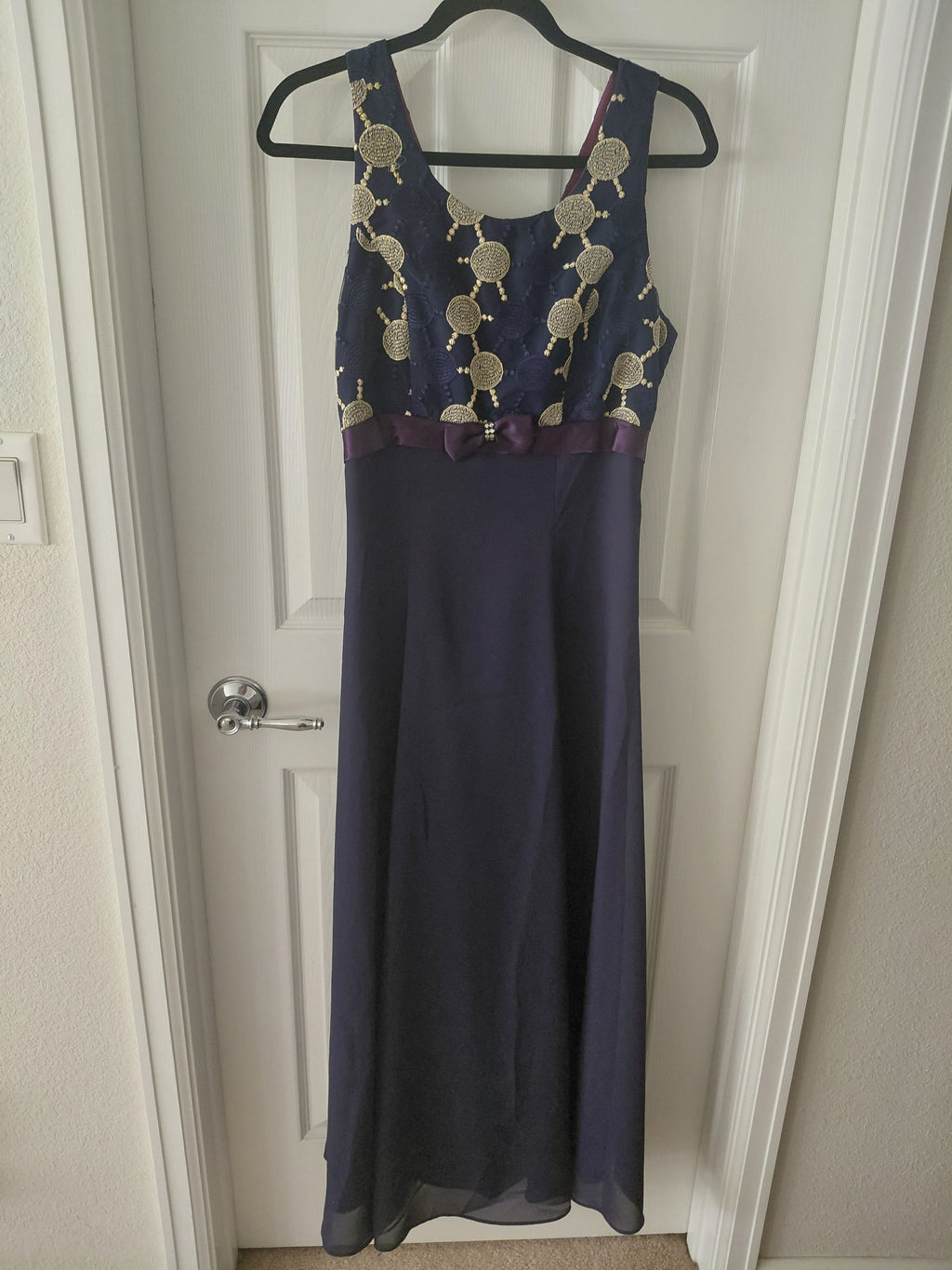 Veronica Women's Dark Blue Embroidered Gold Medallion Cocktail Dress