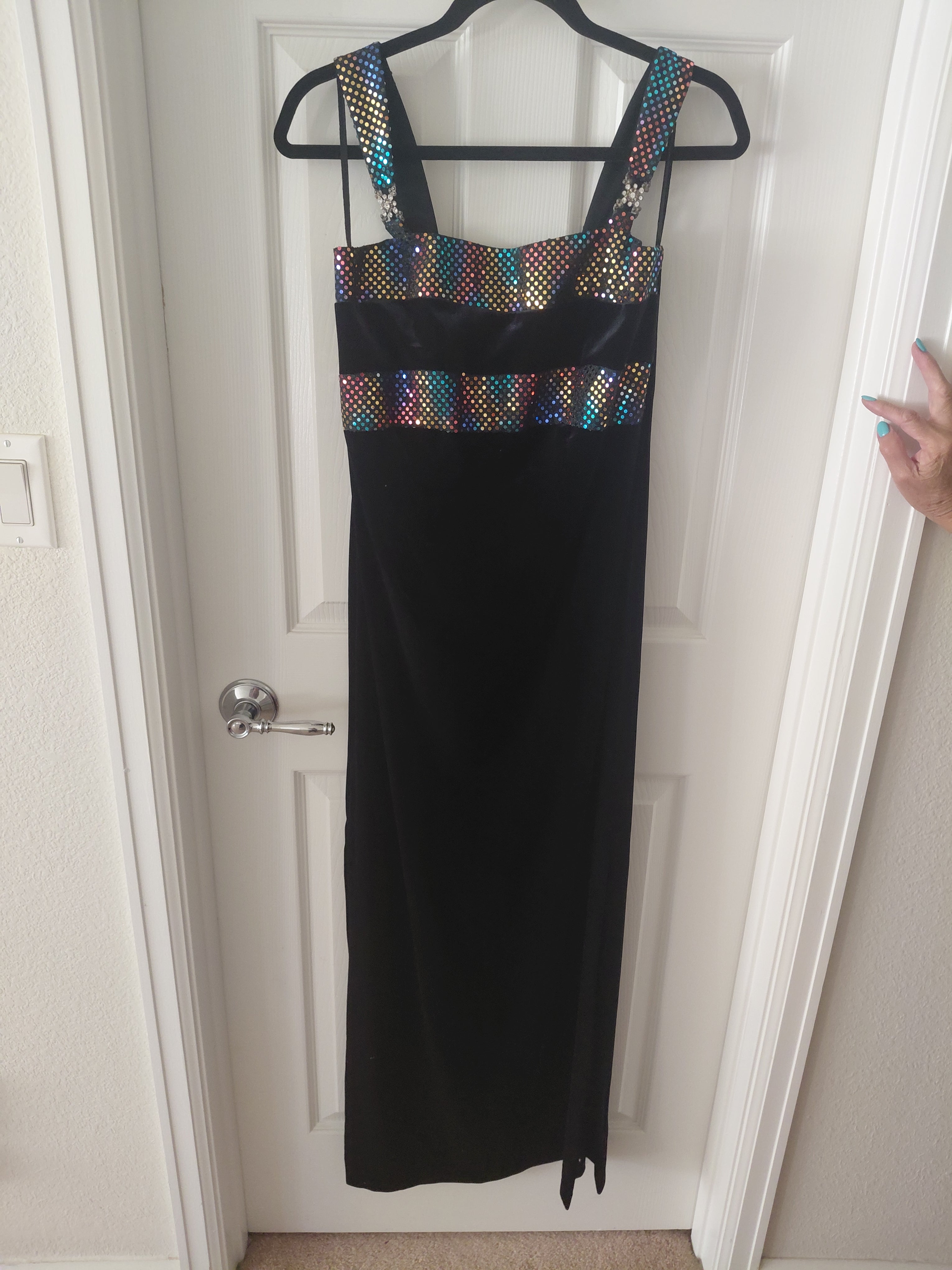 Women's Black Long Gown with Sequined Straps & Sequined Chest Stripes