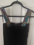 Women's Black Long Gown with Sequined Straps & Sequined Chest Stripes
