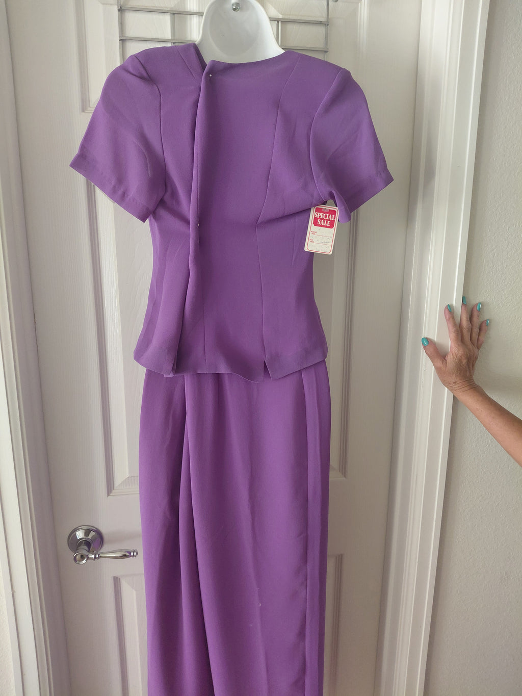 Team Wear Ladies Violet 2-Piece Set - Short Sleeve Top & Long Flowing Pants with Floral Embroidery