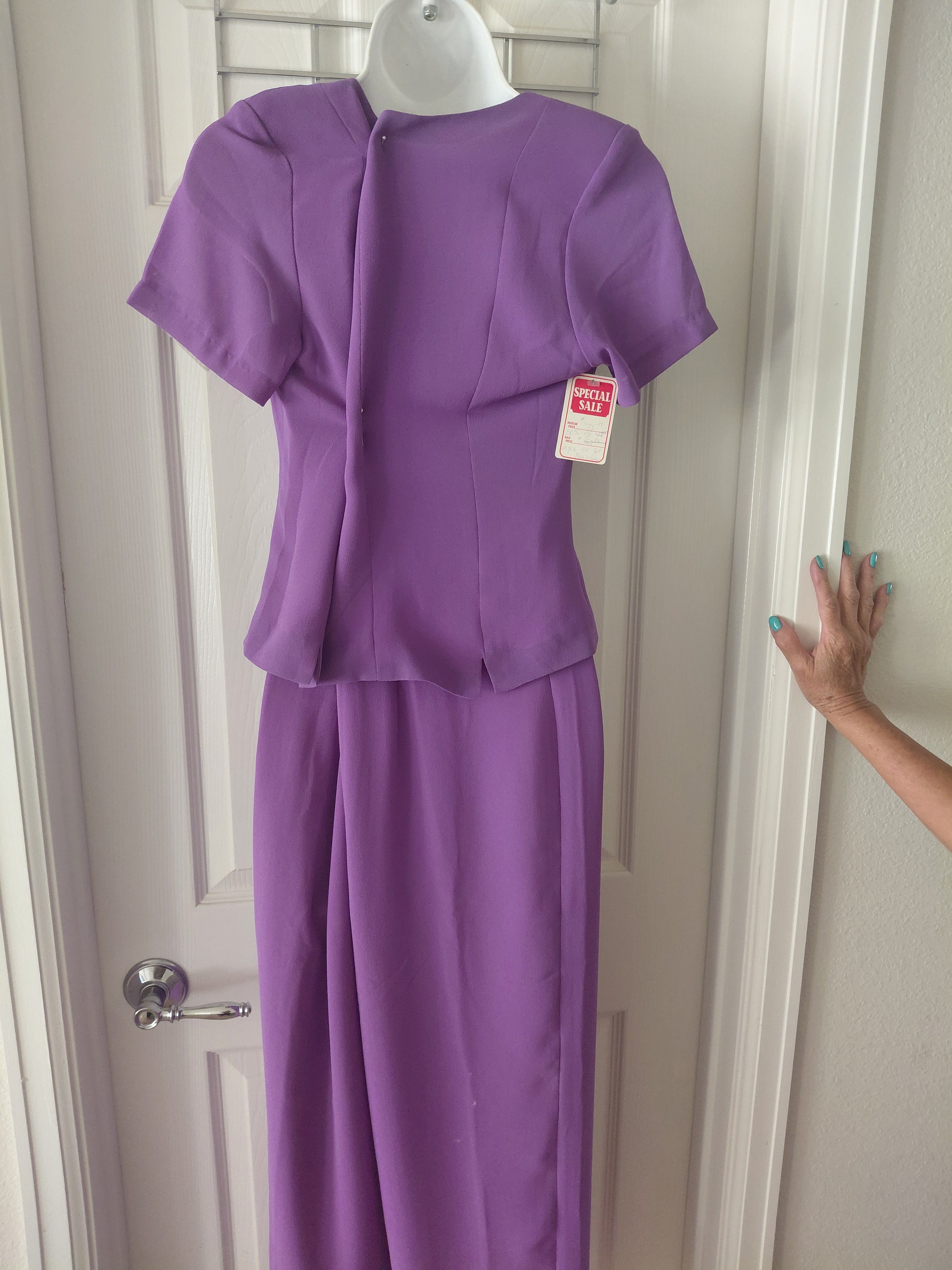 Team Wear Ladies Violet 2-Piece Set - Short Sleeve Top & Long Flowing Pants with Floral Embroidery