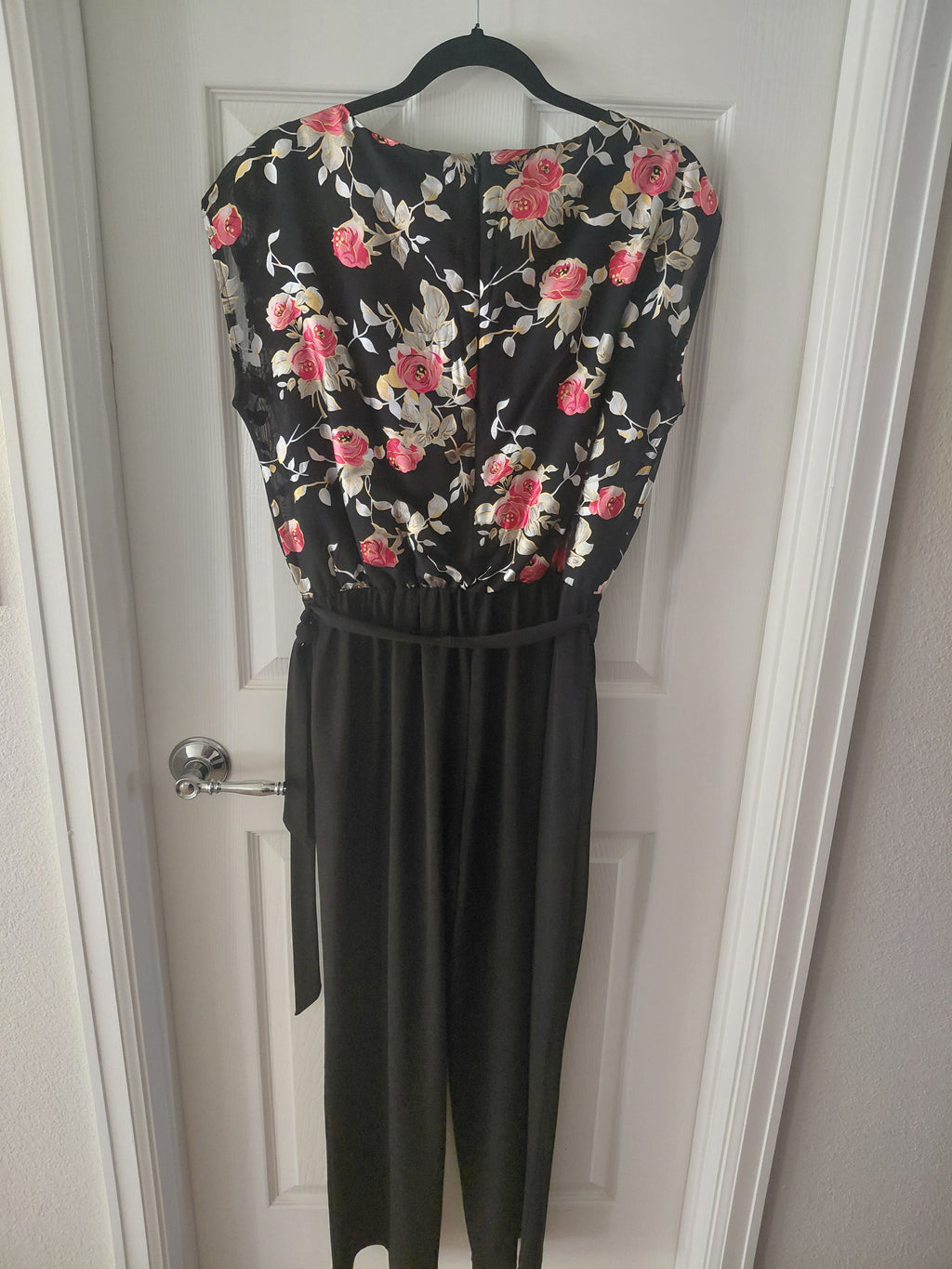 Enfocus Studio Women's Elegant Black 1-Piece Pant Gown - White, Gold & Pink Rose Print with Belt