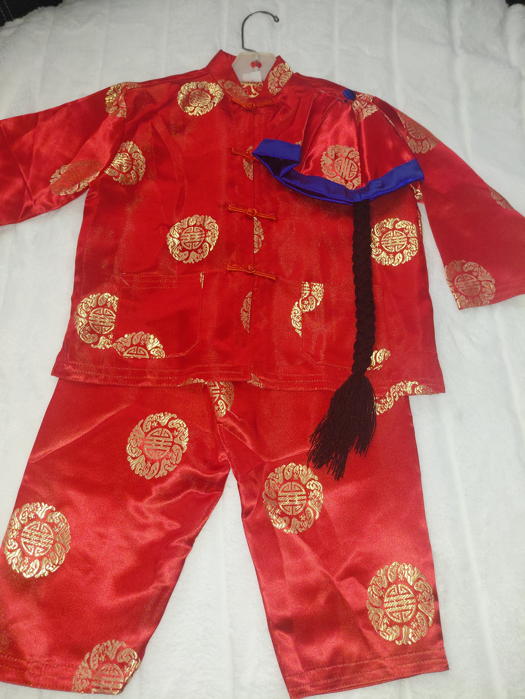Boys Chinese Style 3-Piece Outfit - Red Trim & Gold Medallion with Braided Ponytail Hat