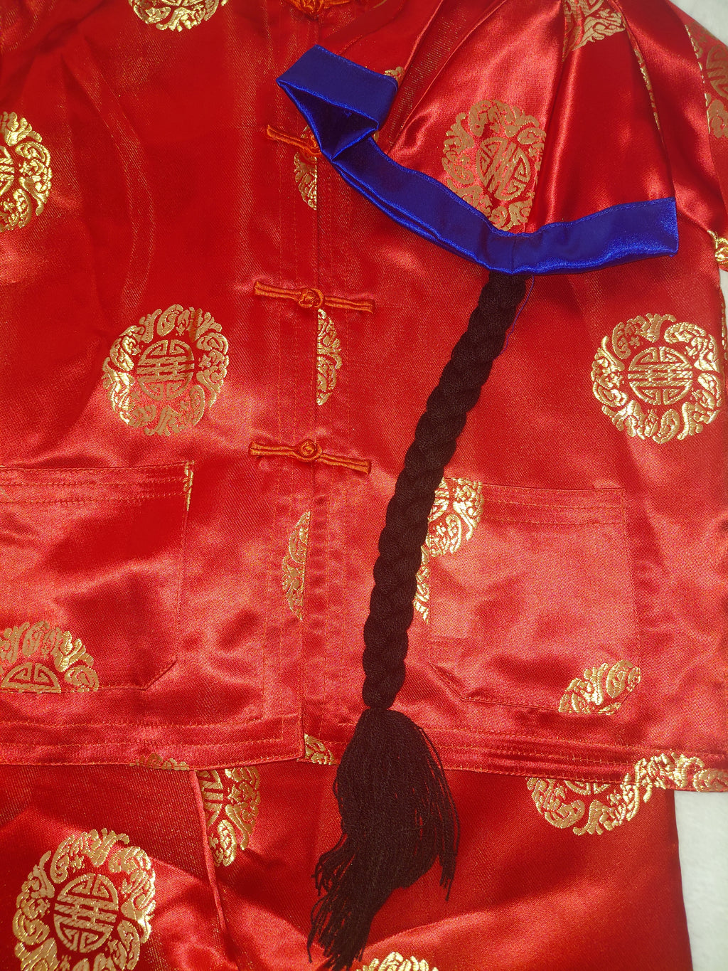 Boys Chinese Style 3-Piece Outfit - Red Trim & Gold Medallion with Braided Ponytail Hat