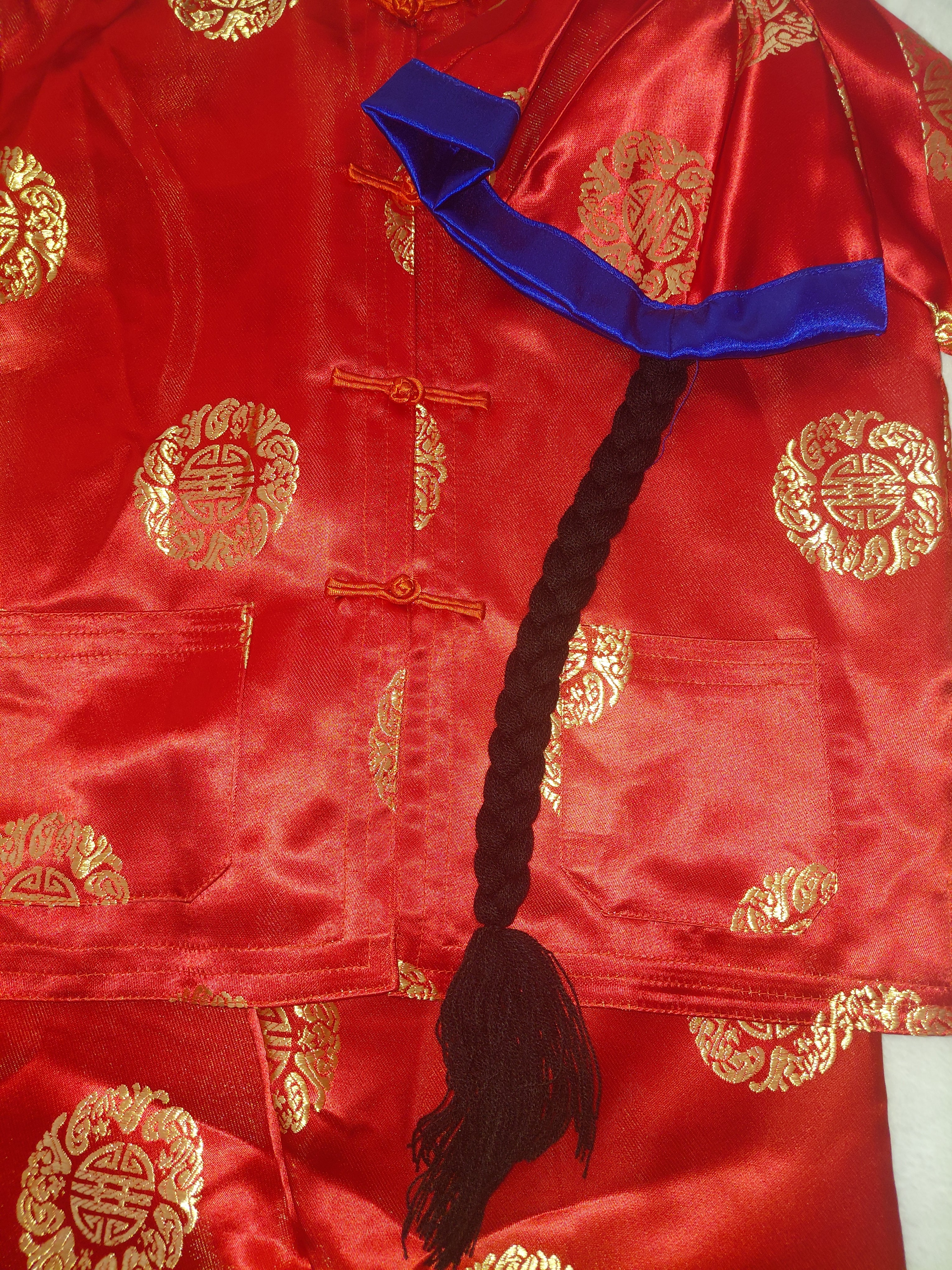 Boys Chinese Style 3-Piece Outfit - Red Trim & Gold Medallion with Braided Ponytail Hat