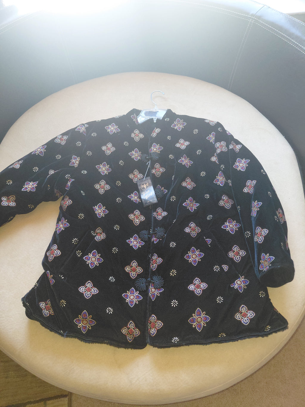 Ladies' Dark Blue Asian-Style Jacket with Multi-Color Accents, Plush Wool Lining & Toggle Buttons- M TO L