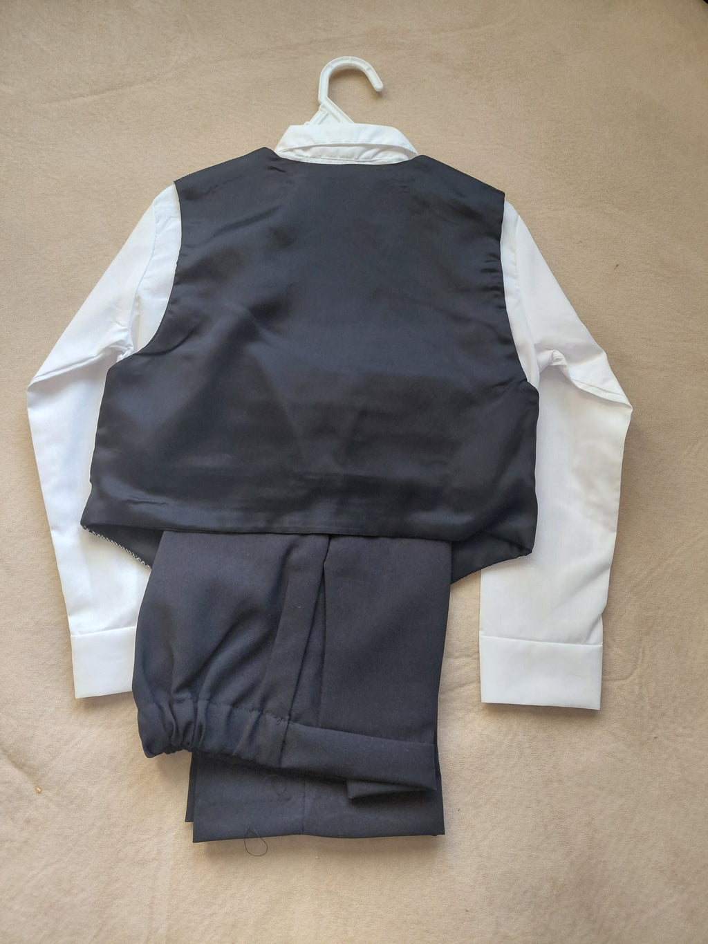 4-piece boys toddler dress outfit - charcoal gray vest and pants with white long-sleeve shirt