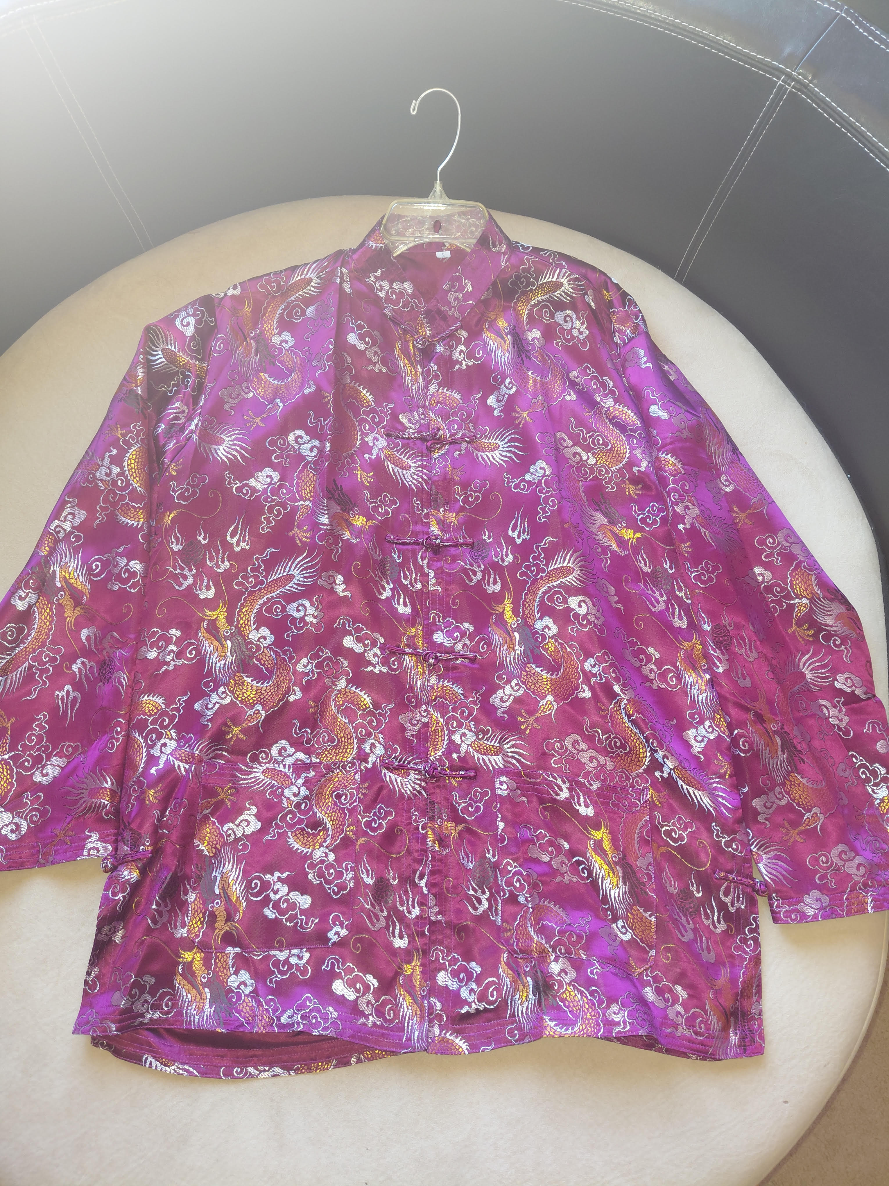 Men's Burgundy & Pink Top with Gold Multi-Color Print & Toggle Buttons-Large