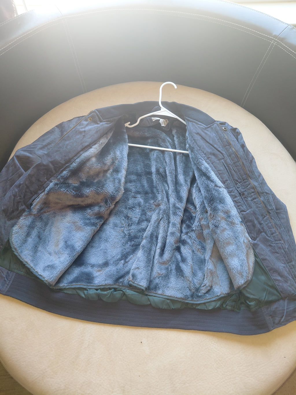 Blue Wool Bomber Winter Jacket with Snap Front, Elastic Cuffs & Hem- M, L