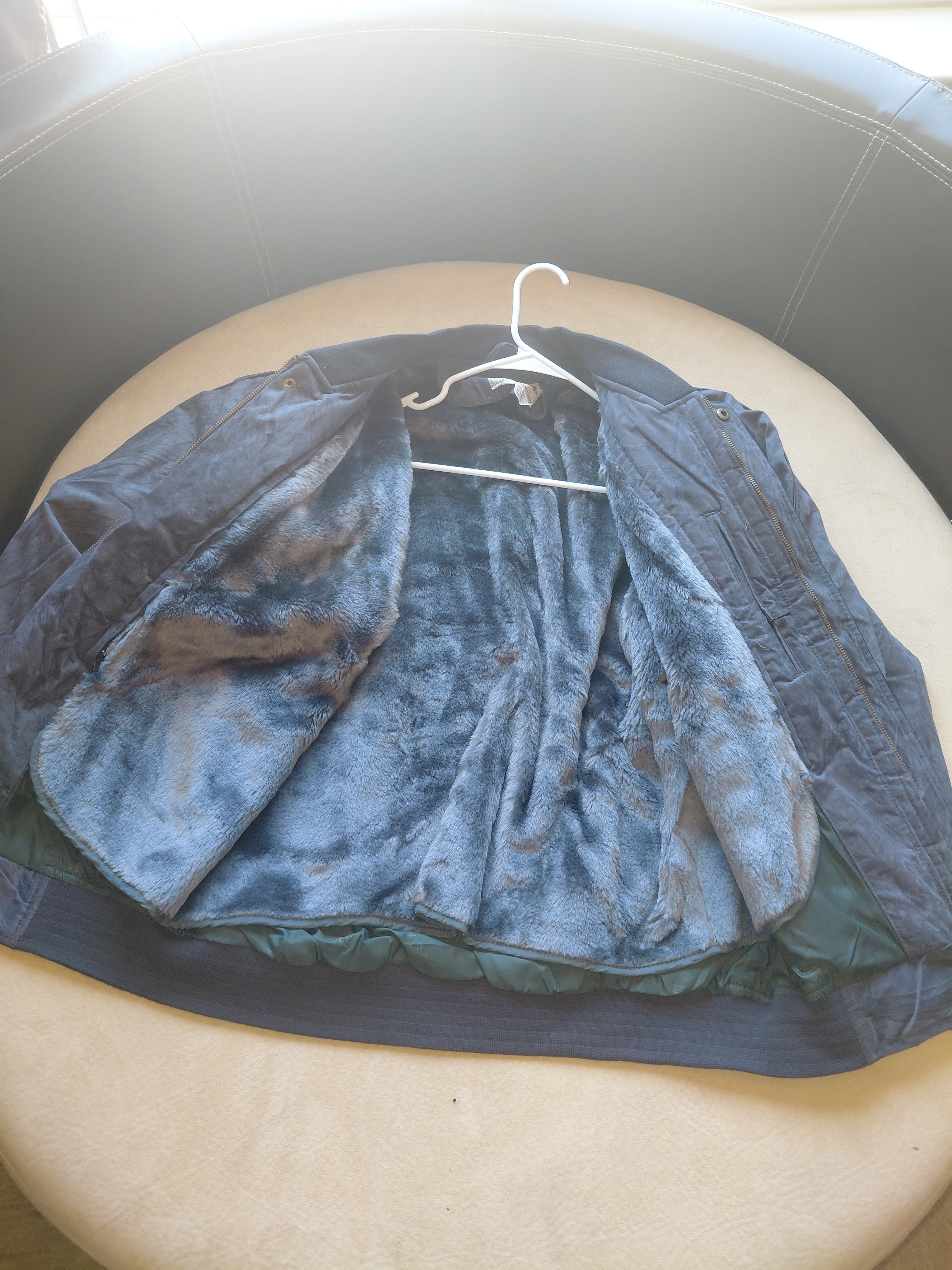 Blue Wool Bomber Winter Jacket with Snap Front, Elastic Cuffs & Hem- M, L