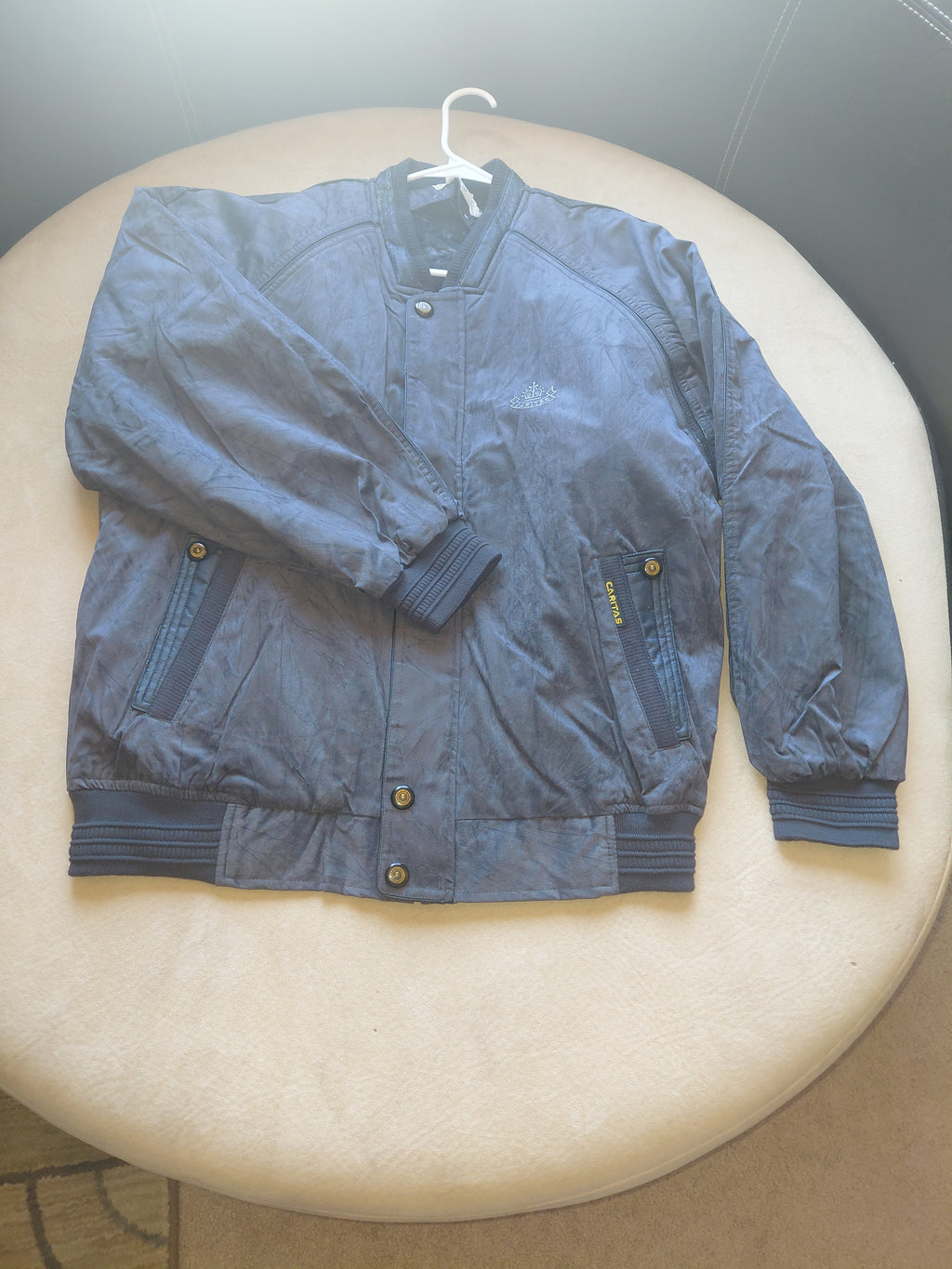 Blue Wool Bomber Winter Jacket with Snap Front, Elastic Cuffs & Hem- M, L