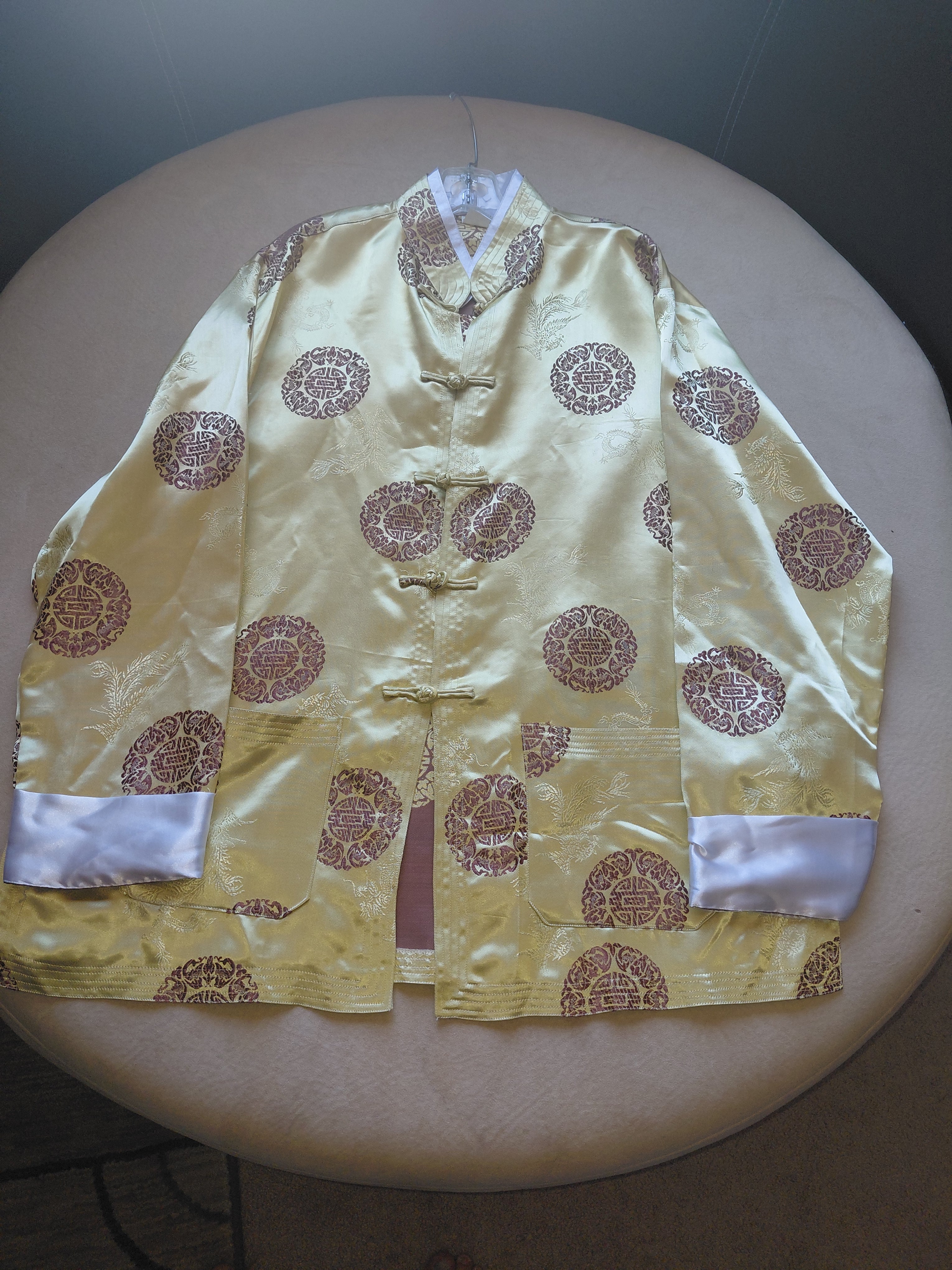 Men's Yellow Top with Gold Medallion Print, Toggle Buttons & White Cuffs-L,XL