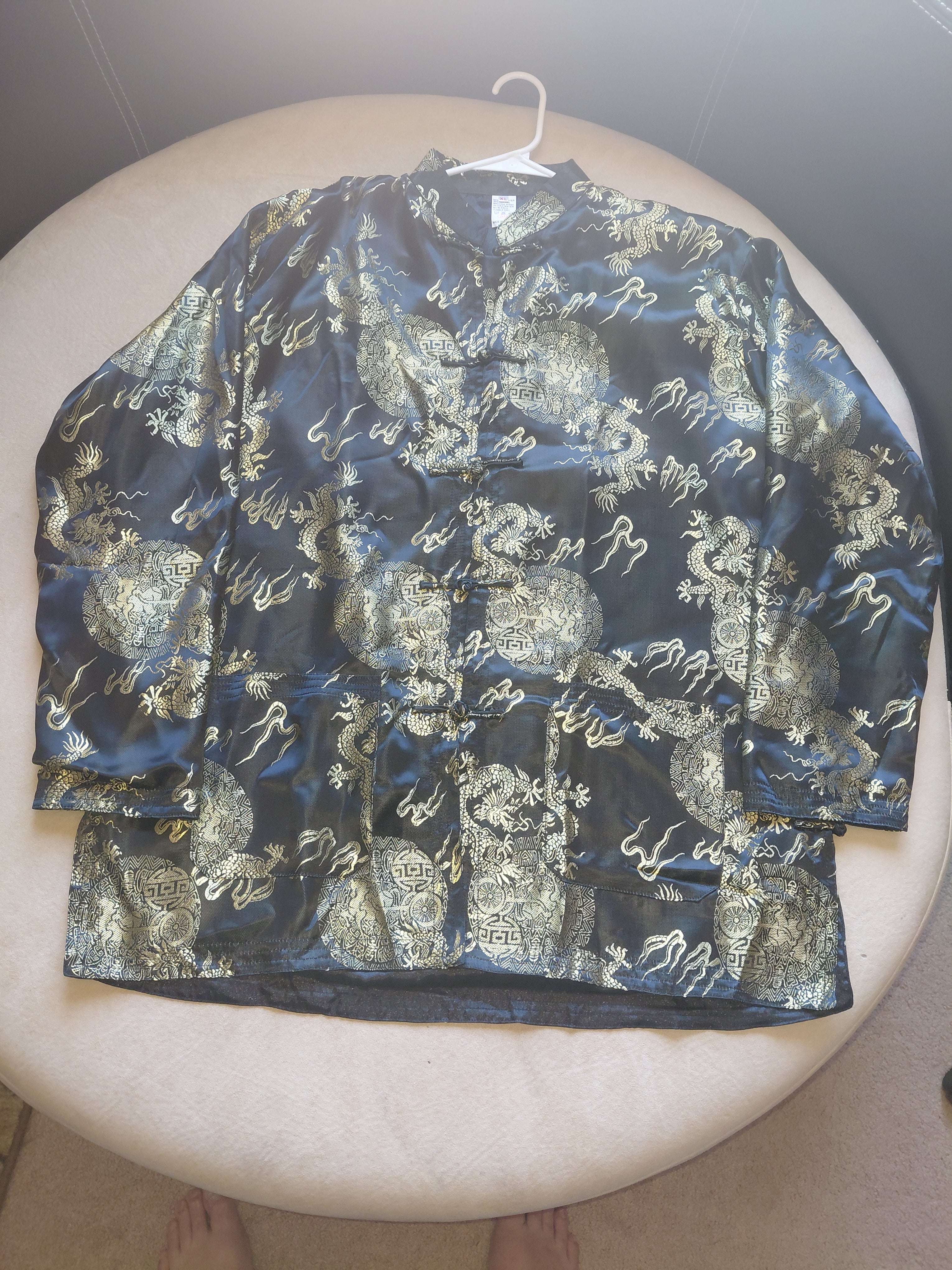 Men's Dark Satin Blue Top with Gold Dragon Print & Toggle Buttons-XL