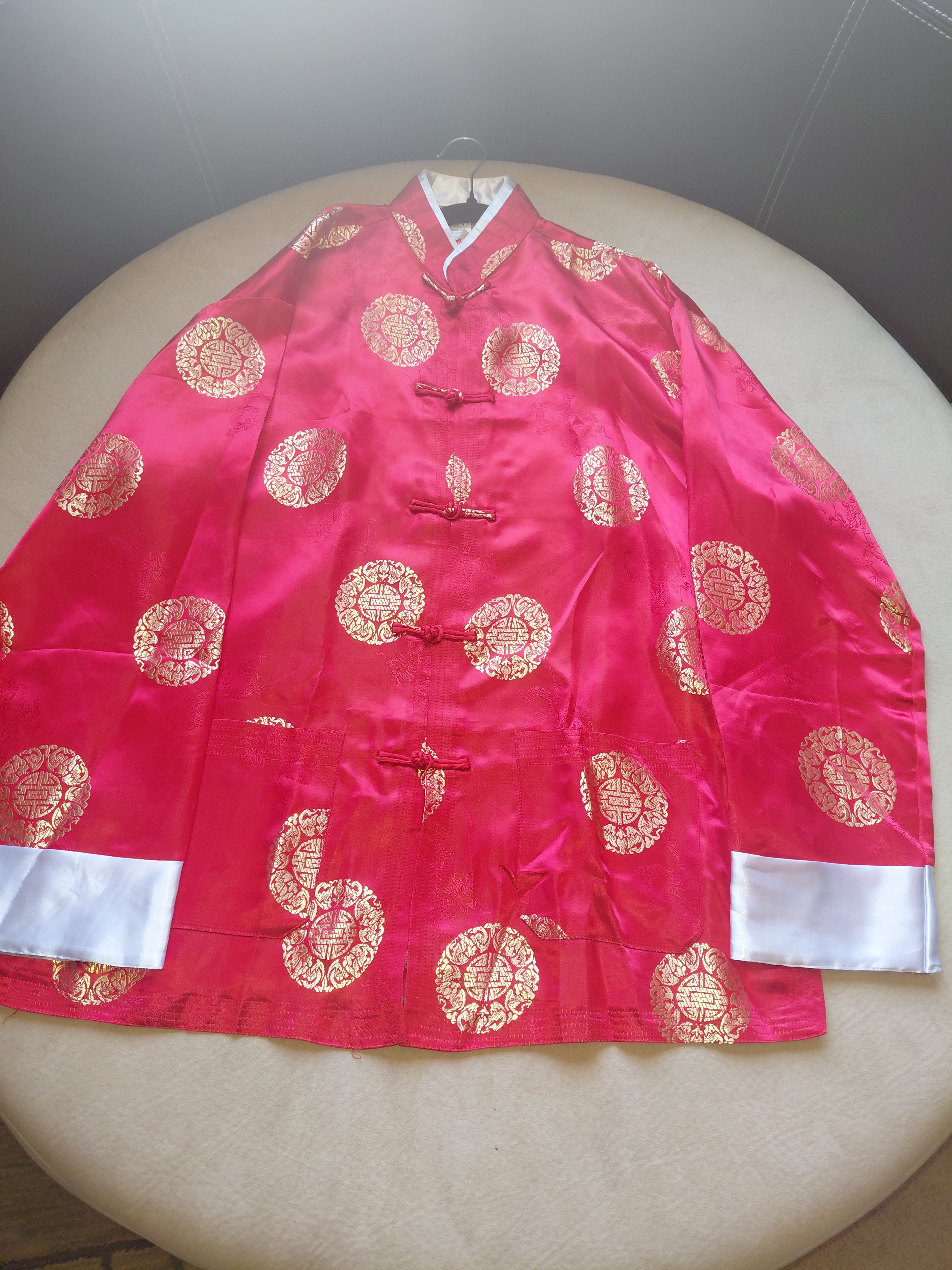 Men's Eye-Catching Red Top with Large Gold Medallions, Toggle Buttons & White Cuffs-XXL