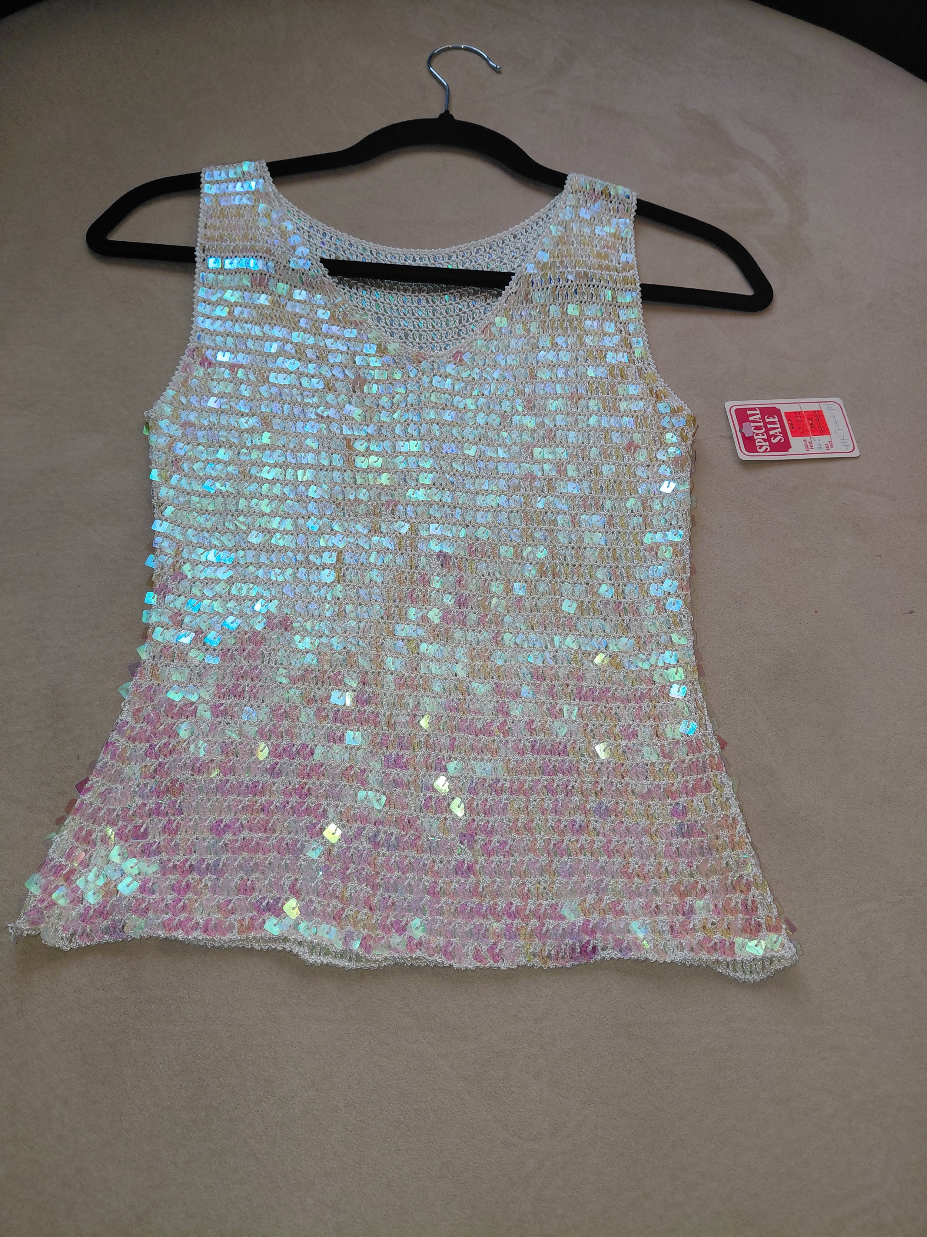 Title: Women's Sequin Strap Top – White with Pink & Pearl Sequins – Size S/M