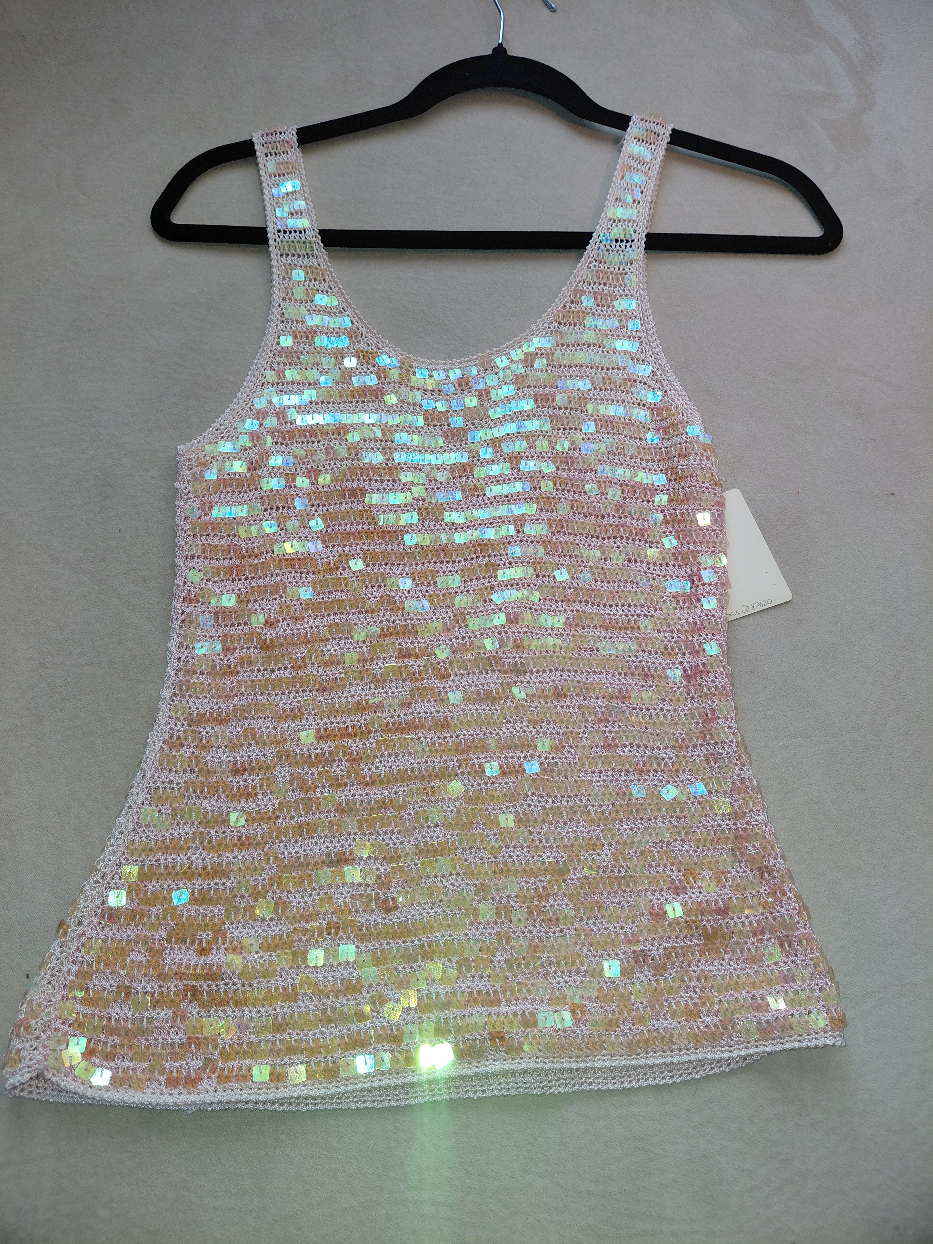 Title: Women's Sequin Strap Top – White with Pink & Pearl Sequins – Size S/M
