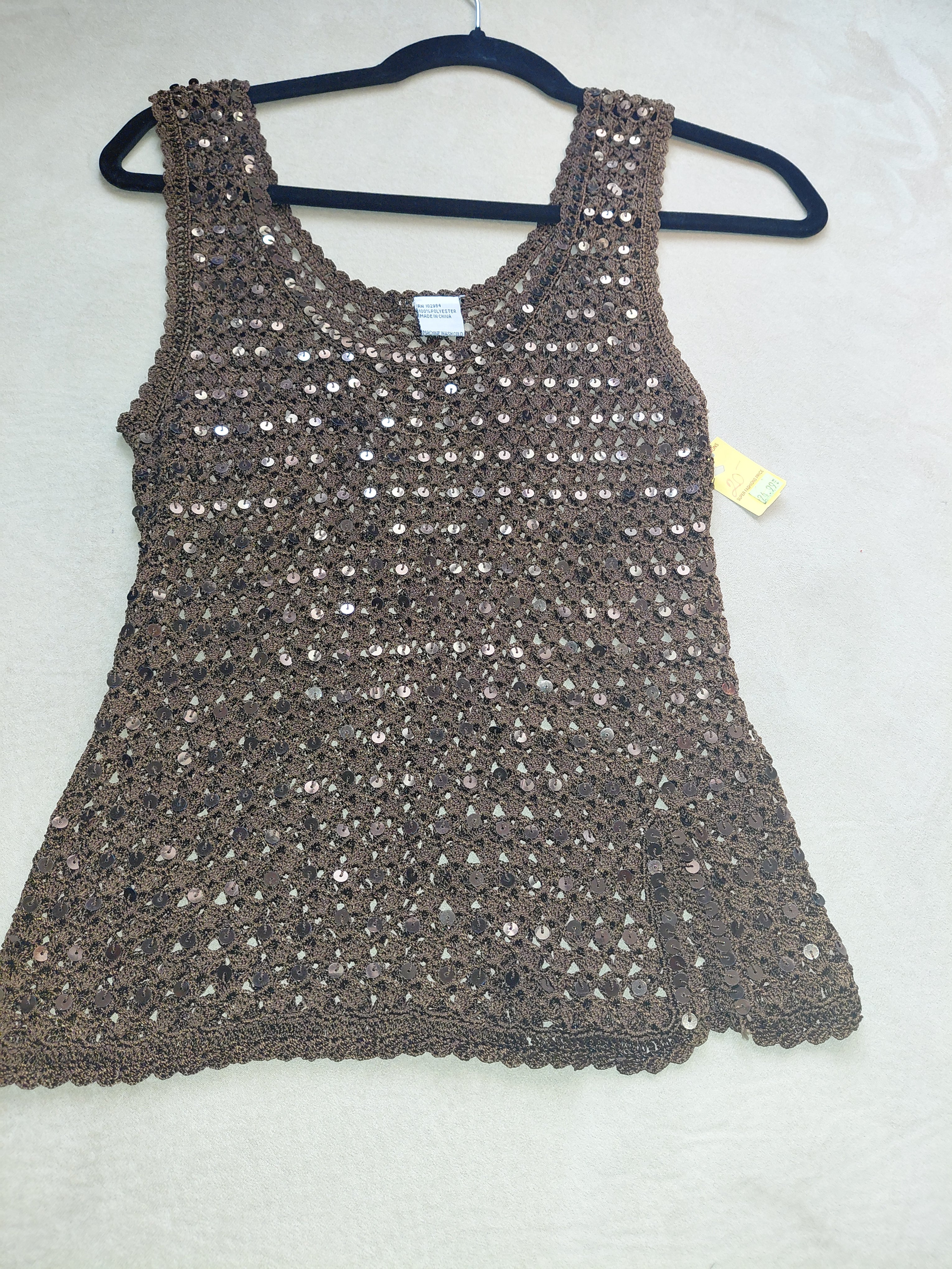 Brown Sequin Strap Top with Front Slit