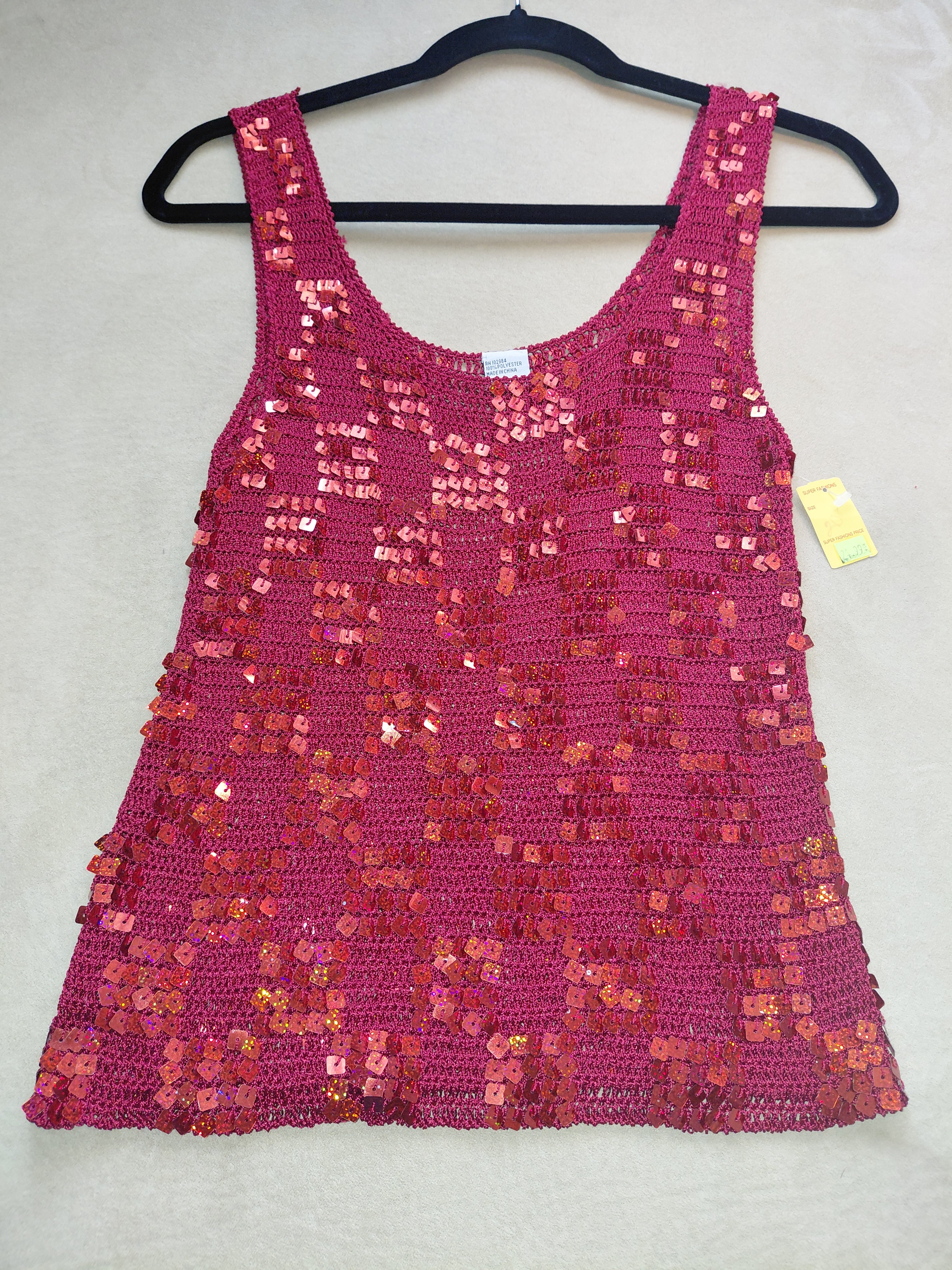 Title: Women's Sequin Strap Top – White with Pink & Pearl Sequins – Size S/M