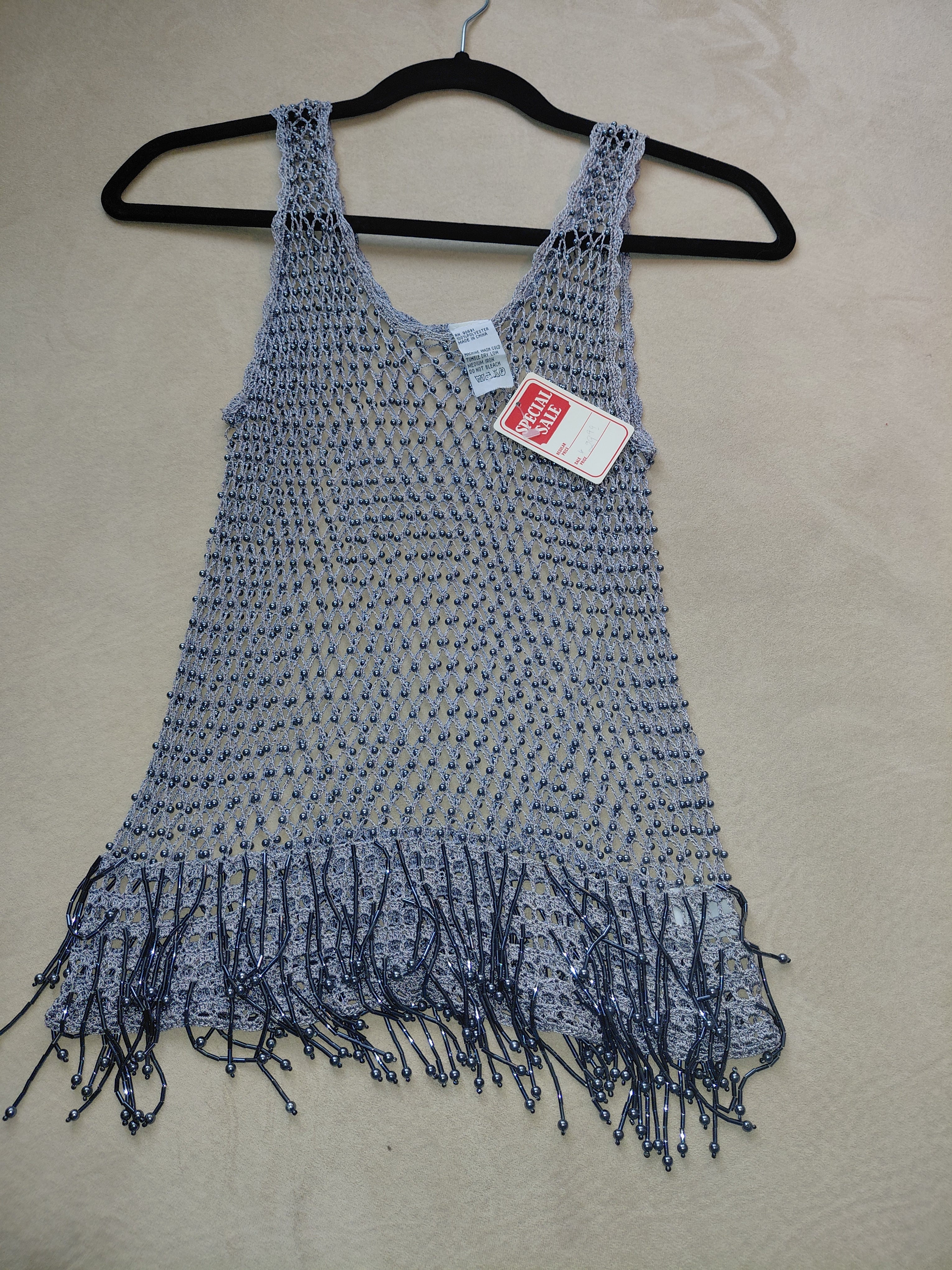 Blue Mesh Top with Blue Beads & Beaded Tassel Hem
