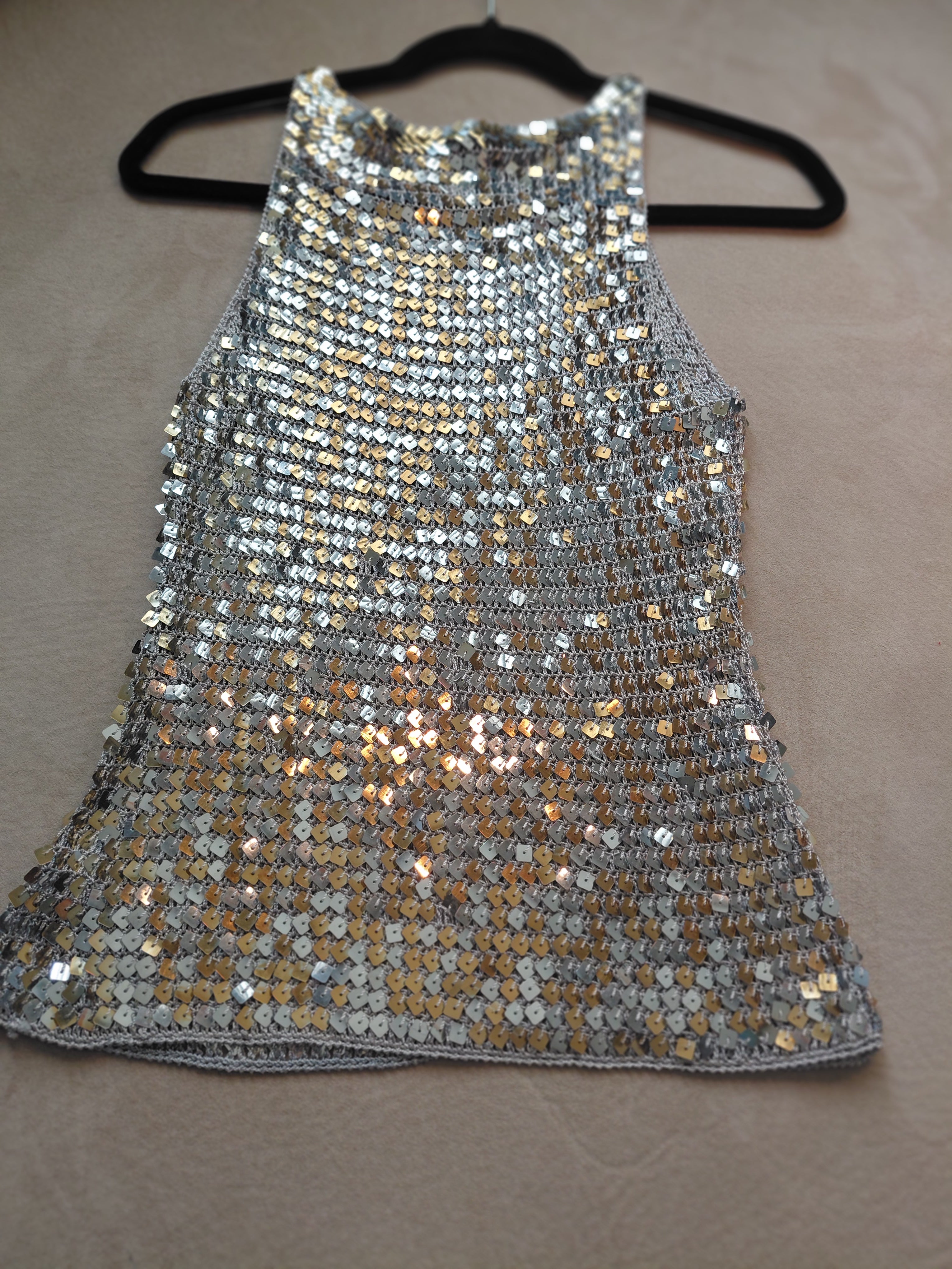 Women's Silver Gold Sequin Strap Top – Full Sequin Front & Back – Size S/M/L