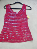 Pink Mesh Tank Top with Light Blue & Pearl Sequins and Side Slit