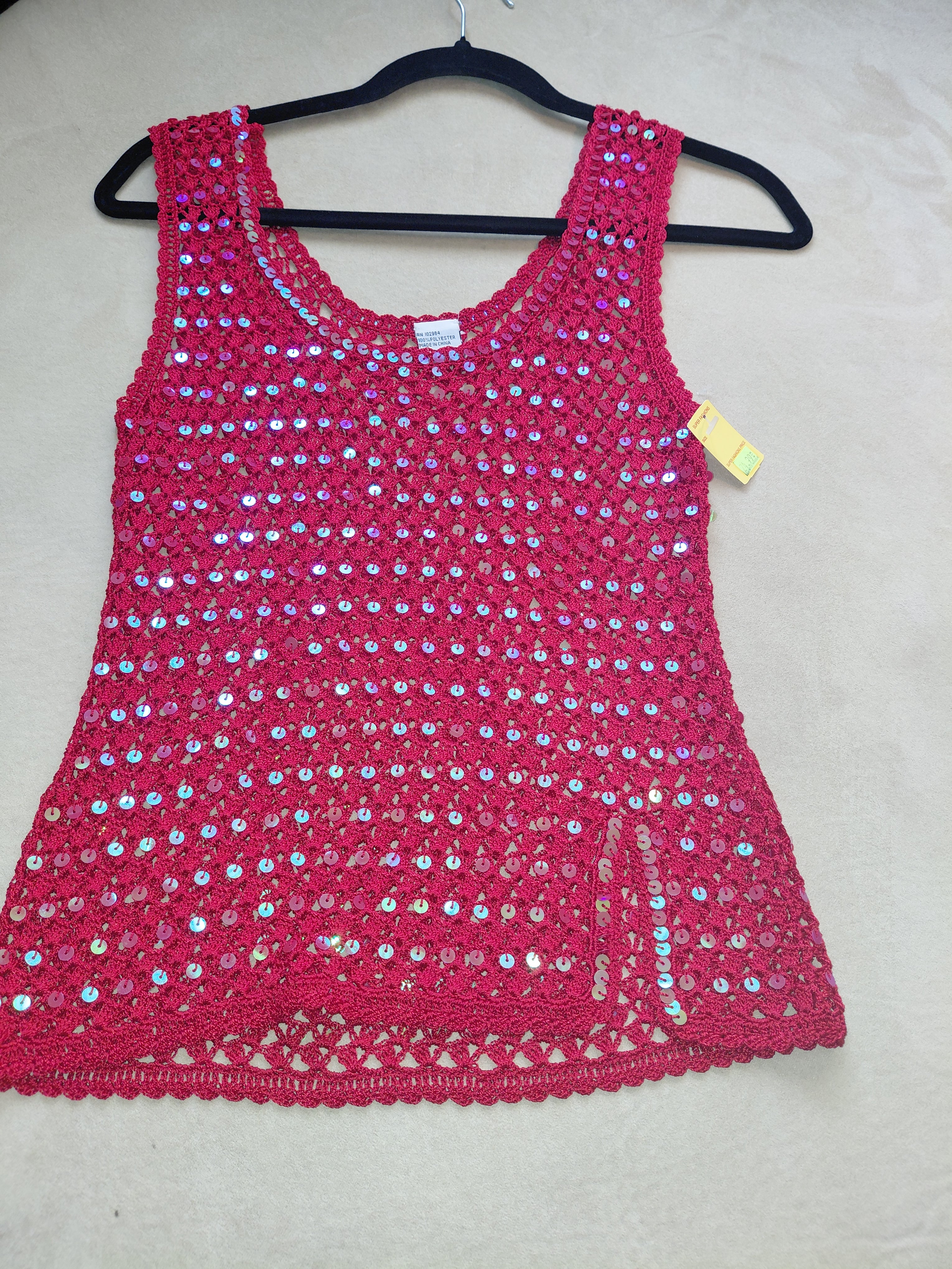 Pink Mesh Tank Top with Light Blue & Pearl Sequins and Side Slit